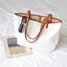 White Color Block Large Leather Tote